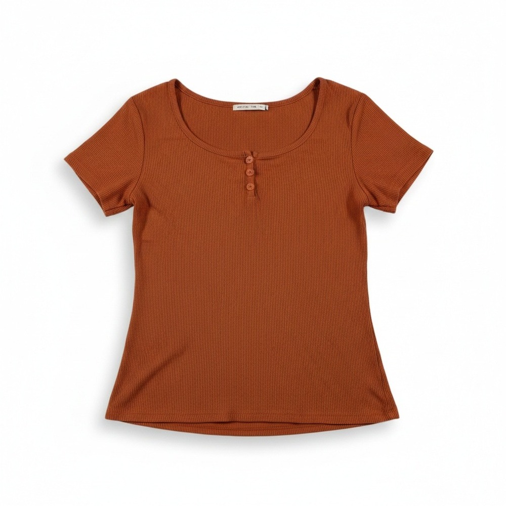 Active USA Shirt Women's Size Medium Brown Ribbed Henley Neck Style Short Sleeve